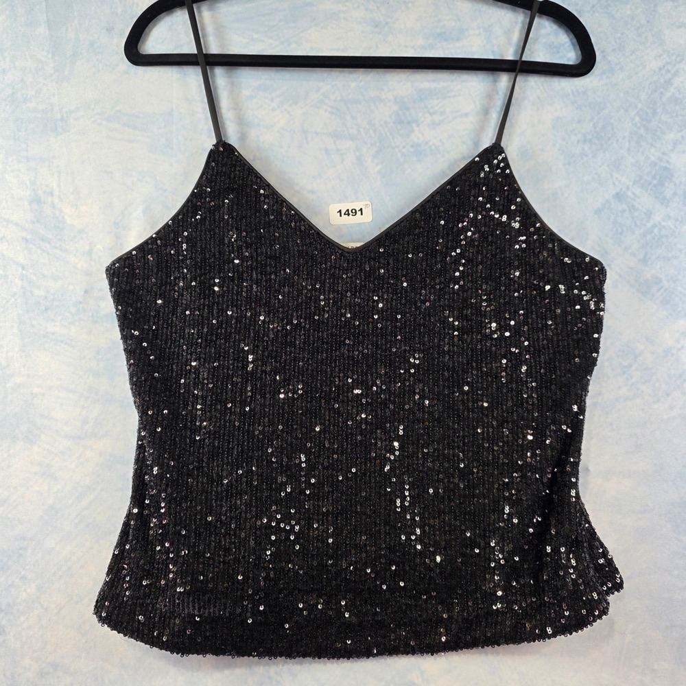 Ramy Brook Black Sequined V-Neck Camisole Tank‎ Top Adjustable Straps Medium